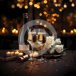 Two glasses with champagne and a bottle of champagne stand on a table with a beautiful decor