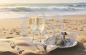 Two glasses of champagne and a bottle of wine on a beach