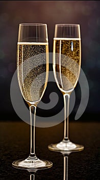 Two glasses of champagne with bubbles on a bar counter, dark background with bokeh.