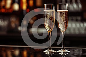 Two glasses of champagne with bubbles on a bar counter, dark background with bokeh.