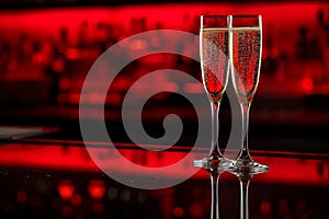 Two glasses of champagne with bubbles on a bar counter, dark pink background with bokeh. Valentines Day romantic dating