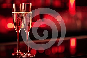 Two glasses of champagne with bubbles on a bar counter, dark pink background with bokeh. Valentines Day romantic dating