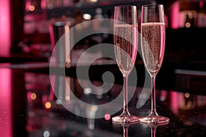 Two glasses of champagne with bubbles on a bar counter, dark pink background with bokeh. Valentines Day romantic dating