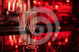 Two glasses of champagne with bubbles on a bar counter, dark pink background with bokeh. Valentines Day romantic dating