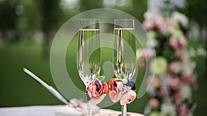 Two glasses of champagne with bubbles stand on a table on a green background