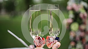 Two glasses of champagne with bubbles stand on a table on a green background