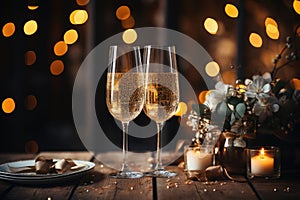 Two glasses of champagne, candles, flowers against a background of festive golden bokeh. Celebrating New Year, Christmas,