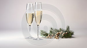 Two glasses of champagne with Christmas decorations ob the grey background. Ai generation. Copy space.