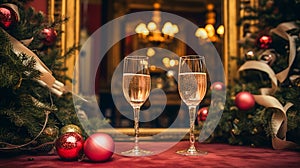 Two glasses of Champagne, and Christmas decorations sparkle in the soft glow of Christmas lights, festive mood, cozy room. AI-