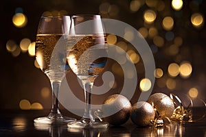 Two glasses of champagne with christmas decorations on a table AI generation