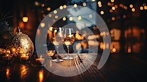 Two glasses of champagne and christmas decorations on wooden table at night