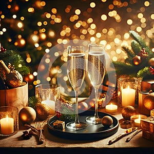 Two glasses of champagne and Christmas, Valentine\'s day background with two glasses of champagne,