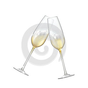 Two glasses of champagne crossed on a white background sparkling champagne