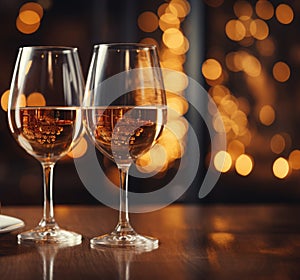 Two glasses of champagne on a festive golden bokeh background. Celebrating New Year, Christmas, Anniversary, Birthday, Holidays.