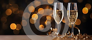 Two glasses of champagne with glittering lights and serpentine. Bokeh effect. New Year\'s Eve, night celebration concept.