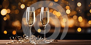 Two glasses of champagne, a gold ribbon on the background of festive golden bokeh. Celebrating New Year, Christmas, anniversary,