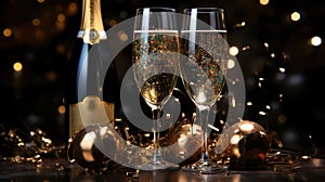 Two glasses of champagne gold shining banner