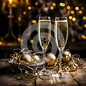 Two glasses of champagne with golden Christmas decorations. New Year\'s Eve.