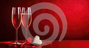two glasses of champagne and a heart are on red background