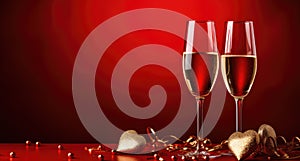 two glasses of champagne and a heart are on red background