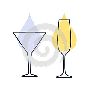 Two glasses with champagne and martini. Shot glass drinks. Template alcohol beverage for restaurant, bar. Symbol party. Different