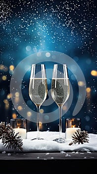 Two glasses champagne for New Year. AI Generative