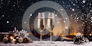 Two glasses champagne for New Year. AI Generative