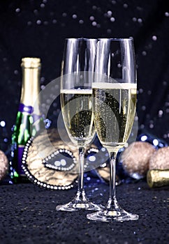 Two glasses of champagne at New Year`s Eve party stock images