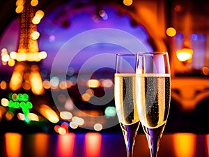 Two glasses of champagne on a night paris view background photo