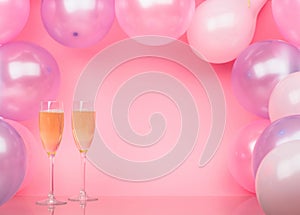 Two glasses of champagne on a pink background with pink and purple balloons. Bright background for celebration