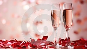 Two glasses of champagne with red ribbons on blurry background with selective focus