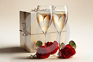 two glasses of champagne, red roses and heart shape gift box on light pastel color background