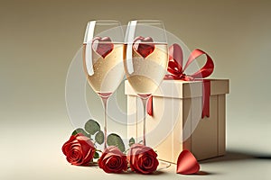 Two glasses of champagne, red roses and heart shape gift box on light pastel color background