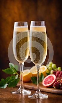 Two glasses of champagne with rose and champagne bottle on wooden background.