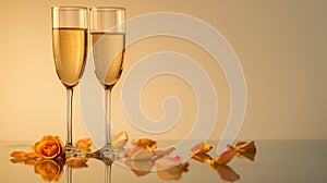 two glasses of champagne and rose on a colored background with copy space