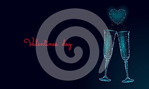 Two glasses of champagne with sparkles. Low poly polygonal blue glowing toasting romantic love date. Heart shape tender