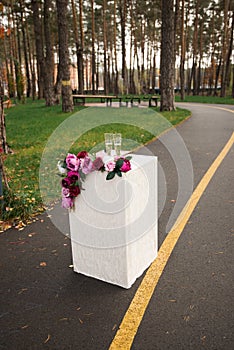 Two glasses with champagne stand on a pedestal decorated with flowers in the park. Wedding