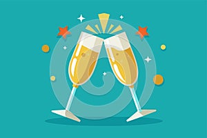 Two glasses of champagne surrounded by stars and confetti on a celebratory background, Champagne toast Customizable Flat