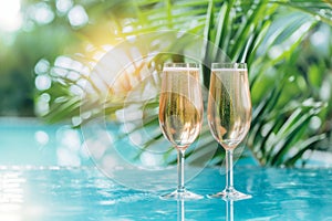 Two glasses of champagne, swimpool outdoors and palm leaves, generative ai photo