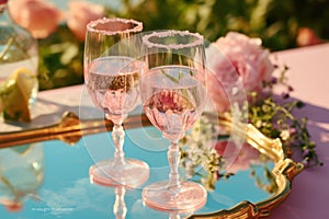 Two glasses of champagne on a table in the garden. Wedding concept