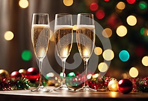 two glasses with champagne on a table next to holiday decorations