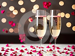 Two glasses of champagne on a table with pink petals scattered around them.