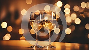 Two glasses of champagne toasting in the nigh with lights bokeh, glitter and sparks on the background