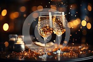 Two glasses of champagne toasting in the nigh with lights bokeh, glitter and sparks on the background