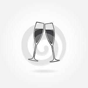 Two glasses of champagne or wine. Cheers icon or sign. Vector illustration.