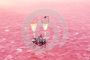Two glasses of champagnein the water of pink lake with reflaction, at sunrise, Ukraine