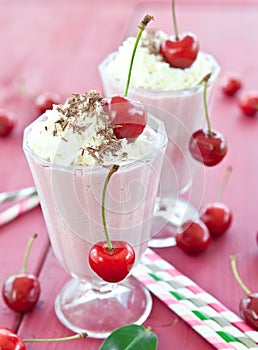 Two glasses with cherry milkshake