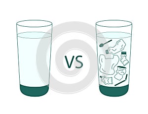 Two glasses of clean water against water with plastic waste