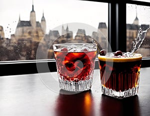 Two glasses of cocktails on a table in front of a window with a city skyline in the background.