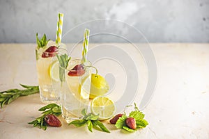 Two glasses of cold icy refreshing drink with lemon and strawberry served with bar tools on light pink table. Fresh cocktail